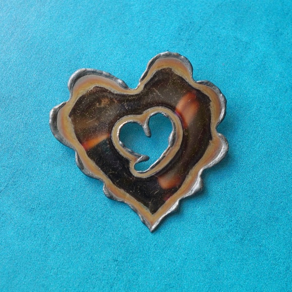 Jewelry - Vintage 1970s Brutalist Cutout Heart Brooch — Oxidized Mixed Metal Finish
